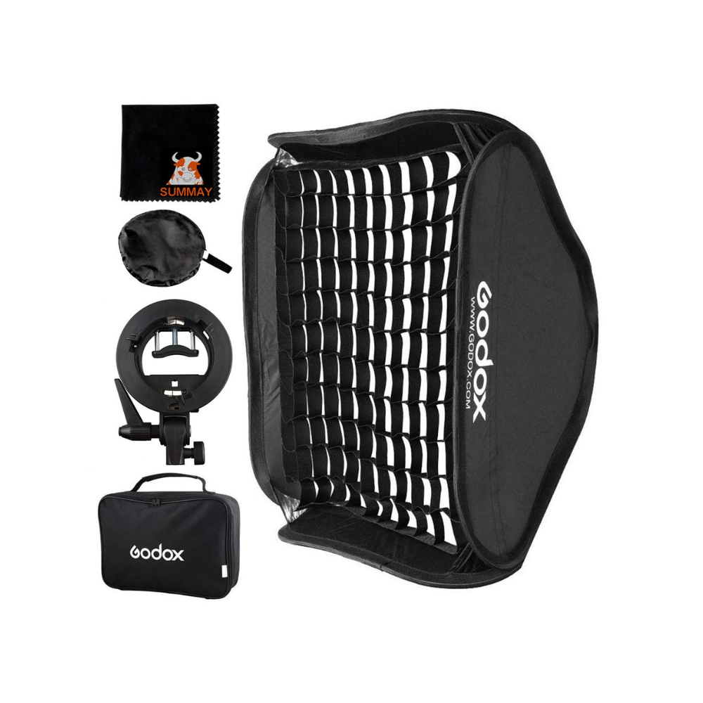 Godox Softbox 80x80cm (32”x32”) Plegable con Grid + Soporte S2 Bowens Mount y Estuche | Kit Profesional para Flash y Fotografía