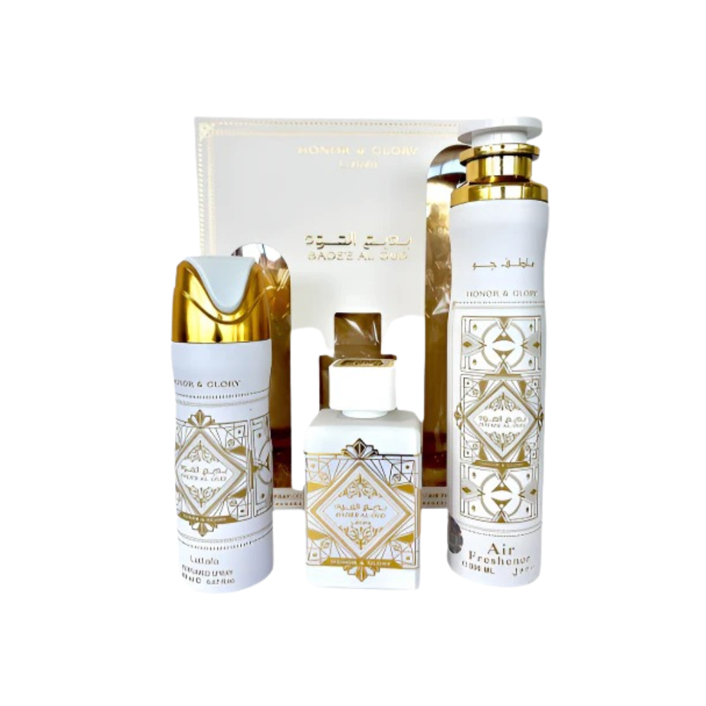 Lattafa Bade’e Al Oud Honor & Glory Set de Regalo 3 Piezas – EDP 3.4 oz + Deo Spray 6.8 oz + Air Freshener 10 oz
